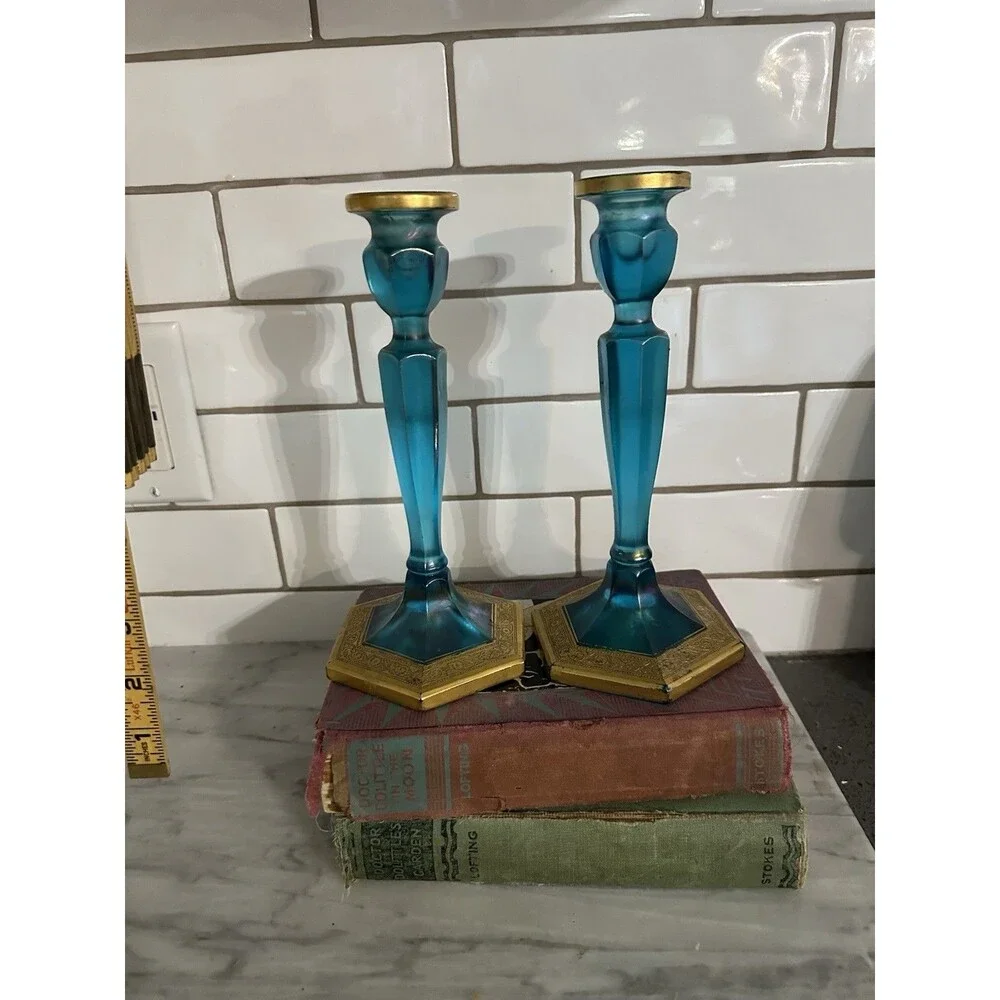 Pair of Vintage Fenton Celeste Blue & Gold Gilt Stretched 8.5 Inch Candlesticks